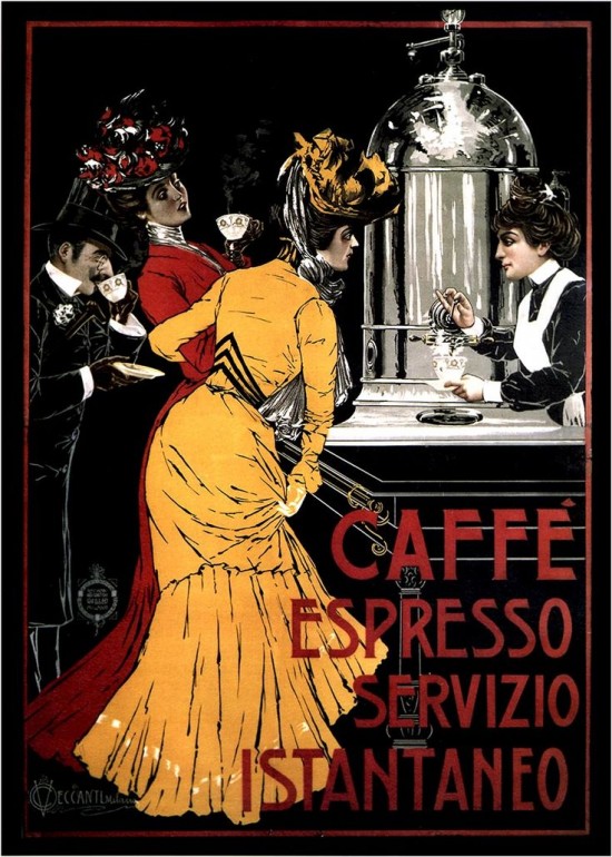 Poster degli anni 1900 o 1910, sulle nuovissime macchine da espresso. Praticamente bombe pronte a fare una strage (rivendicata dagli anarchici).